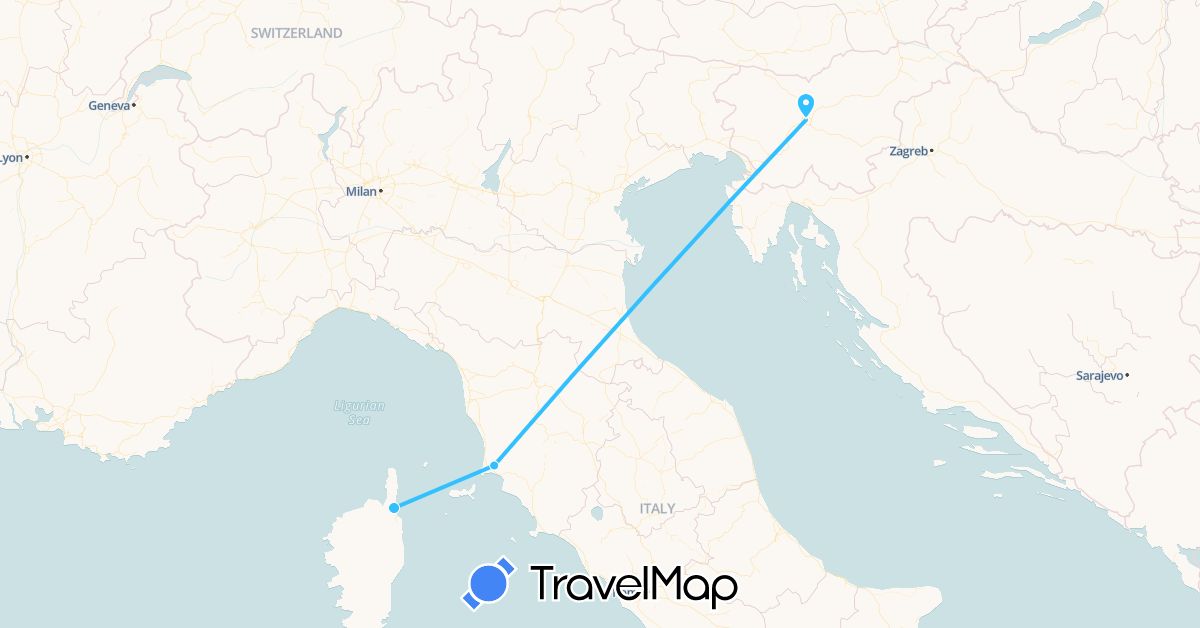 TravelMap itinerary: driving, boat in France, Italy, Slovenia (Europe)